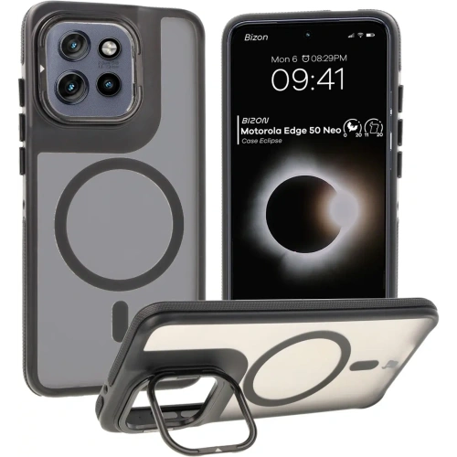 Etui z podstawką i pierścieniem magnetycznym Bizon Case Eclipse do Motorola Edge 50 Neo przydymione z czarną ramką