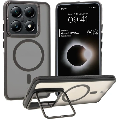 Etui z podstawką i pierścieniem magnetycznym Bizon Case Eclipse do Xiaomi 14T Pro przydymione z czarną ramką