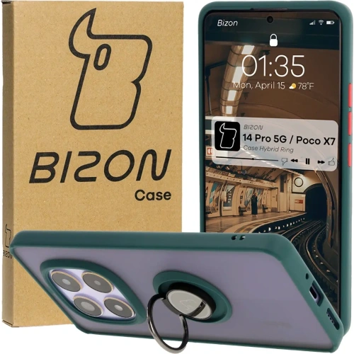Etui z uchwytem na palec Bizon Case Hybrid Ring do Xiaomi Redmi Note 14 Pro 5G / Poco X7 przydymione z ciemnozieloną ramką