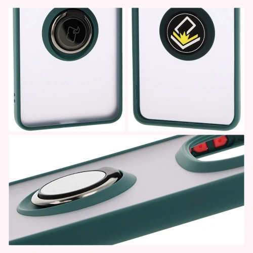 Etui z uchwytem na palec Bizon Case Hybrid Ring do Xiaomi Redmi Note 14 Pro 5G / Poco X7 przydymione z ciemnozieloną ramką