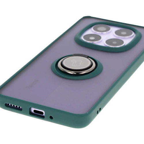 Etui z uchwytem na palec Bizon Case Hybrid Ring do Xiaomi Redmi Note 14 Pro 5G / Poco X7 przydymione z ciemnozieloną ramką