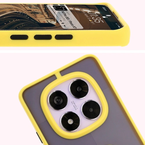 Etui z uchwytem na palec Bizon Case Hybrid Ring do Xiaomi Redmi Note 14 Pro 5G / Poco X7 przydymione z żółtą ramką