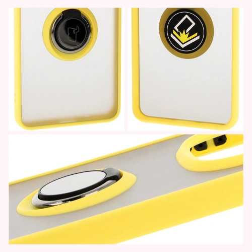 Etui z uchwytem na palec Bizon Case Hybrid Ring do Xiaomi Redmi Note 14 Pro 5G / Poco X7 przydymione z żółtą ramką
