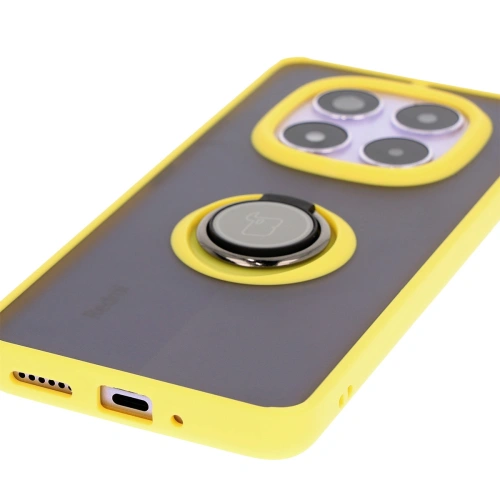 Etui z uchwytem na palec Bizon Case Hybrid Ring do Xiaomi Redmi Note 14 Pro 5G / Poco X7 przydymione z żółtą ramką