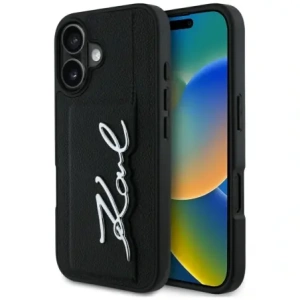 Wholesale Karl Lagerfeld HC Grained PU Cardslot Metal Signature Apple iPhone 16 black - KLD21895 - {ean13} - Hurt