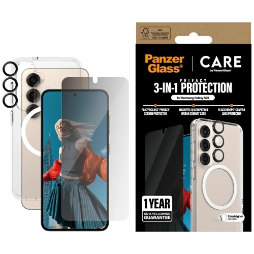 Zestaw ochronny 3w1 etui + szkło prywatyzujące na ekran + szkło na aparat CARE by PanzerGlass Flagship Samsung Galaxy S25