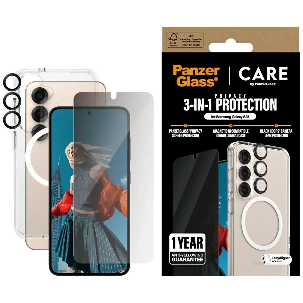 Hurtownia GSM - CARE de PanzerGlass Carcasă Flagship 3 în 1 + sticlă de protecție a ecranului + kit de sticlă pentru cameră Samsung Galaxy S25 - PZG833 - {ean13} - Hurt
