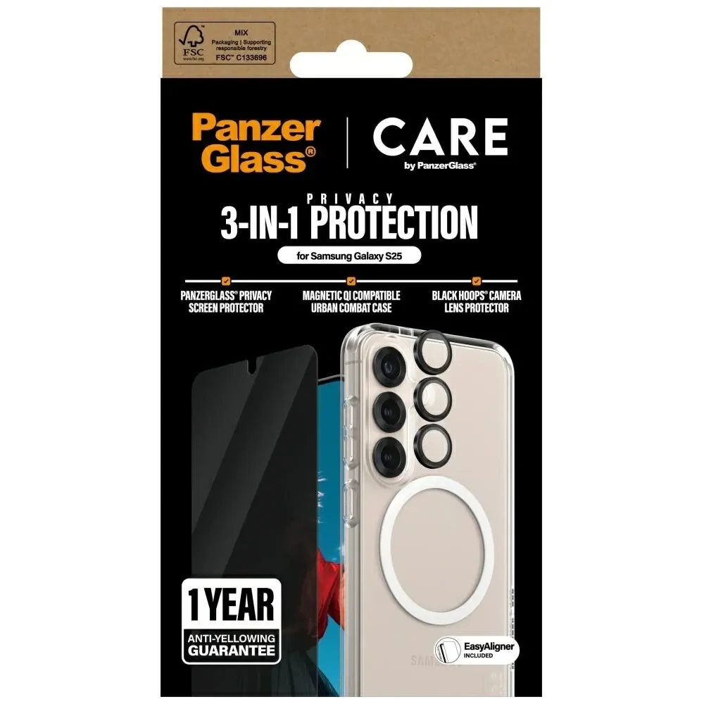 Hurtownia GSM - CARE de PanzerGlass Carcasă Flagship 3 în 1 + sticlă de protecție a ecranului + kit de sticlă pentru cameră Samsung Galaxy S25 - PZG833 - {ean13} - Hurt