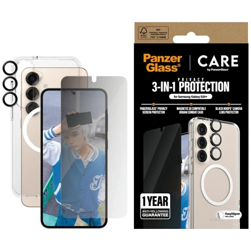 Zestaw ochronny 3w1 etui + szkło prywatyzujące na ekran + szkło na aparat CARE by PanzerGlass Flagship Samsung Galaxy S25+ Plus