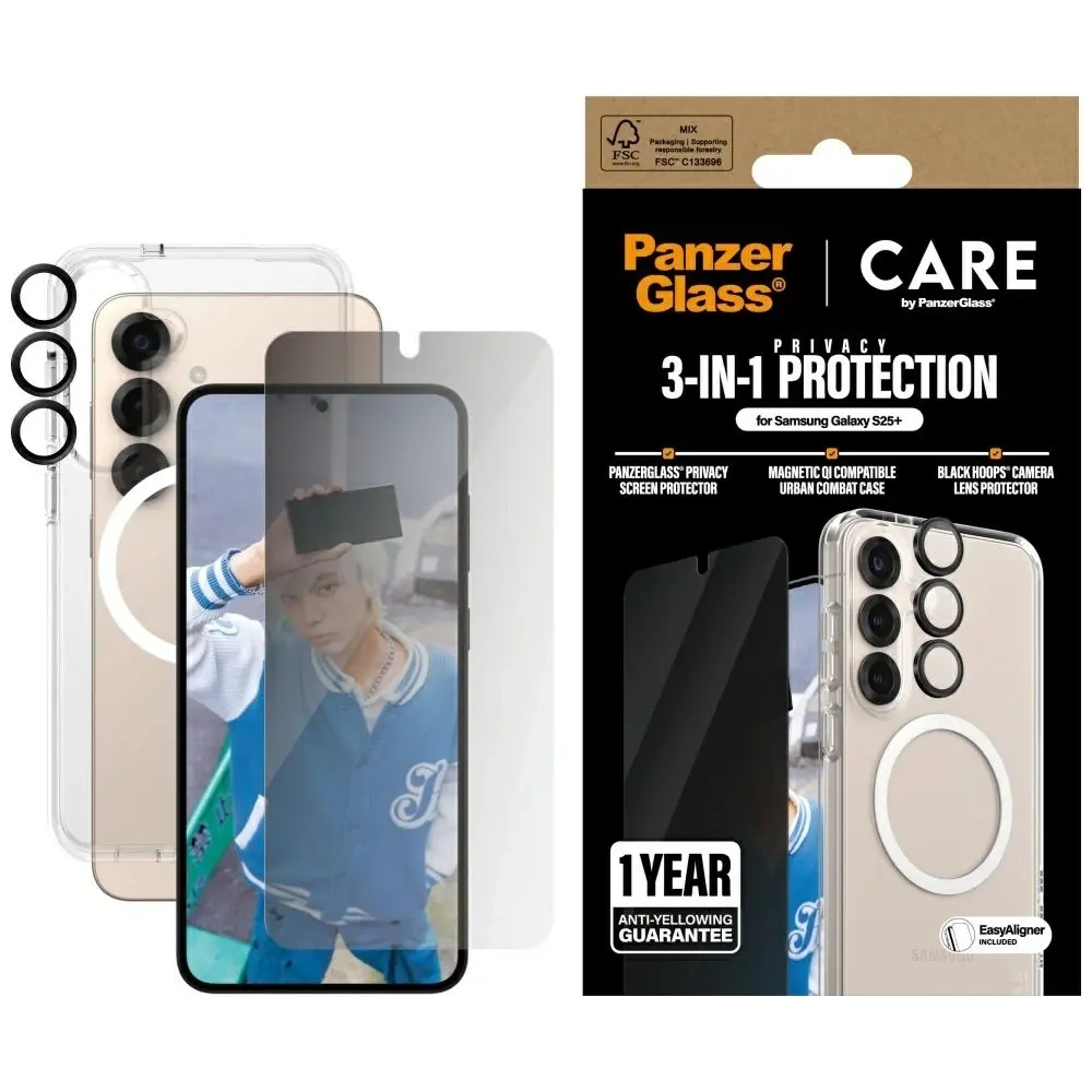 Hurtownia GSM - CARE von PanzerGlass Flagship 3-in-1 Hülle + Bildschirm-Sichtschutzglas + Kameraglas-Set für Samsung Galaxy S25+ Plus - PZG835 - {ean13} - Hurt