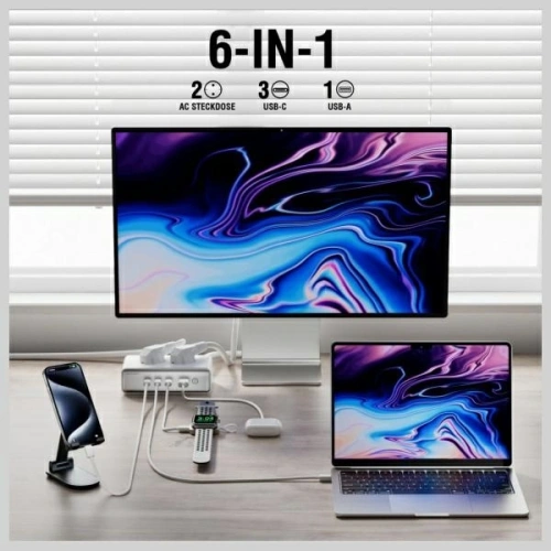 Przedłużacz 4smarts 6w1 2xAC, USB-A, 3xUSB-C 65W GaN biały