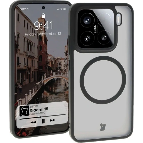 Etui z pierścieniem magnetycznym Bizon Case MatteO do Xiaomi 15 półprzezroczyste z czarną ramką