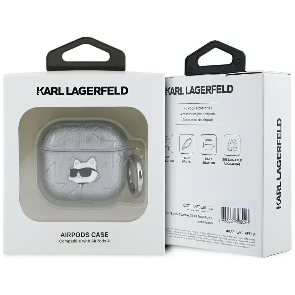 Hurtownia GSM - Etui Karl Lagerfeld Monogram Choupette Head do Apple AirPods 4 srebrny - KLD21904 - {ean13} - Hurt