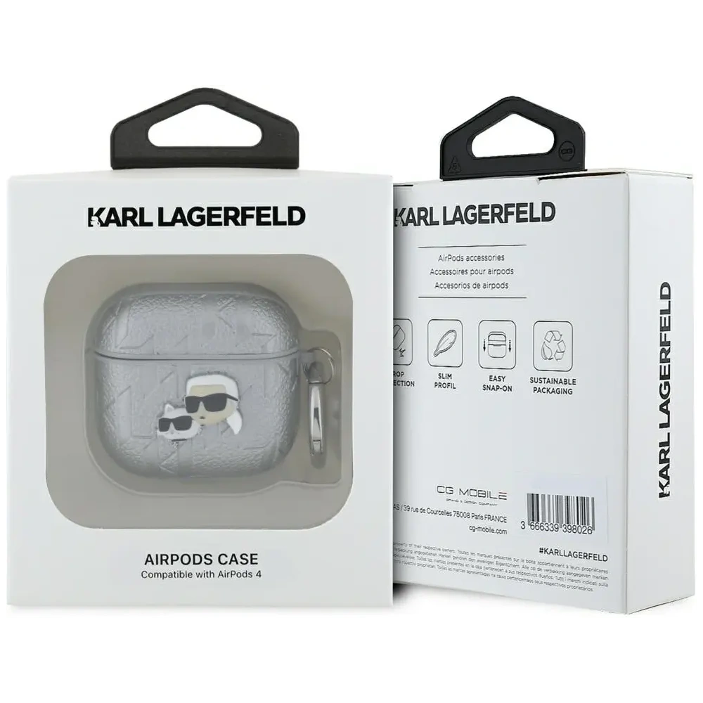 Hurtownia GSM - Etui Karl Lagerfeld Monogram Karl & Choupette Head do Apple AirPods 4 srebrny - KLD21907 - {ean13} - Hurt