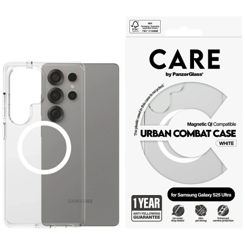 Etui CARE by PanzerGlass Flagship Urban Combat White QI do Samsung Galaxy S25 Ultra przezroczysty