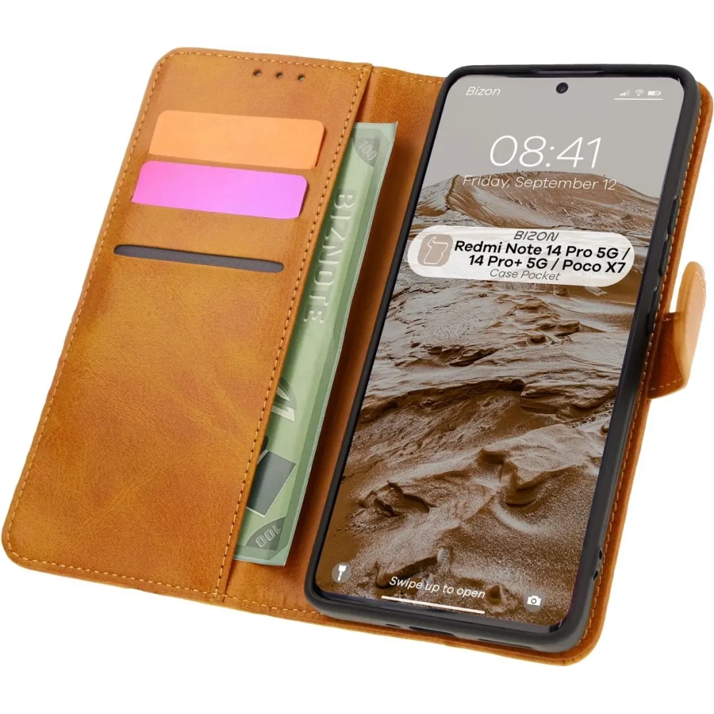 Hurtownia GSM - Etui z klapką Bizon Case Pocket do Xiaomi Redmi Note 14 Pro 5G / Poco X7 brązowe - BIZ8511 - {ean13} - Hurt