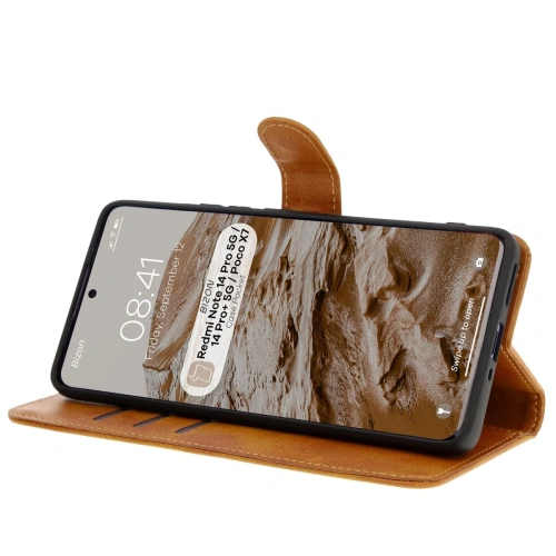 Etui z klapką Bizon Case Pocket do Xiaomi Redmi Note 14 Pro 5G / Poco X7 brązowe