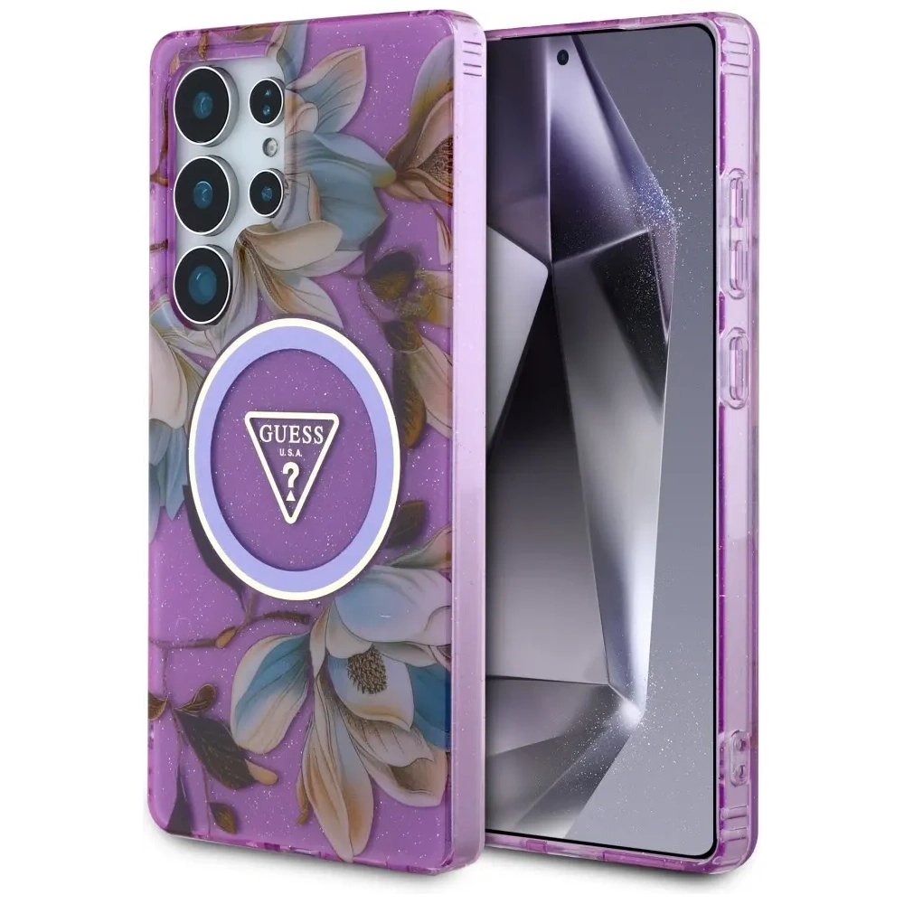 Hurtownia GSM - Etui Guess Glitter Flowers Triangle Buttons MagSafe do Samsung Galaxy S25 Ultra fialový - GUE4317 - {ean13} - Hurt