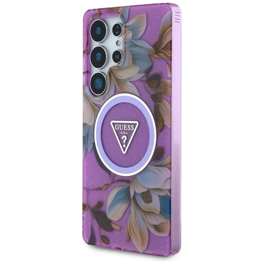 Wholesale Guess Glitter Flowers Triangle Buttons MagSafe Samsung Galaxy S25 Ultra purple - GUE4317 - {ean13} - Hurt