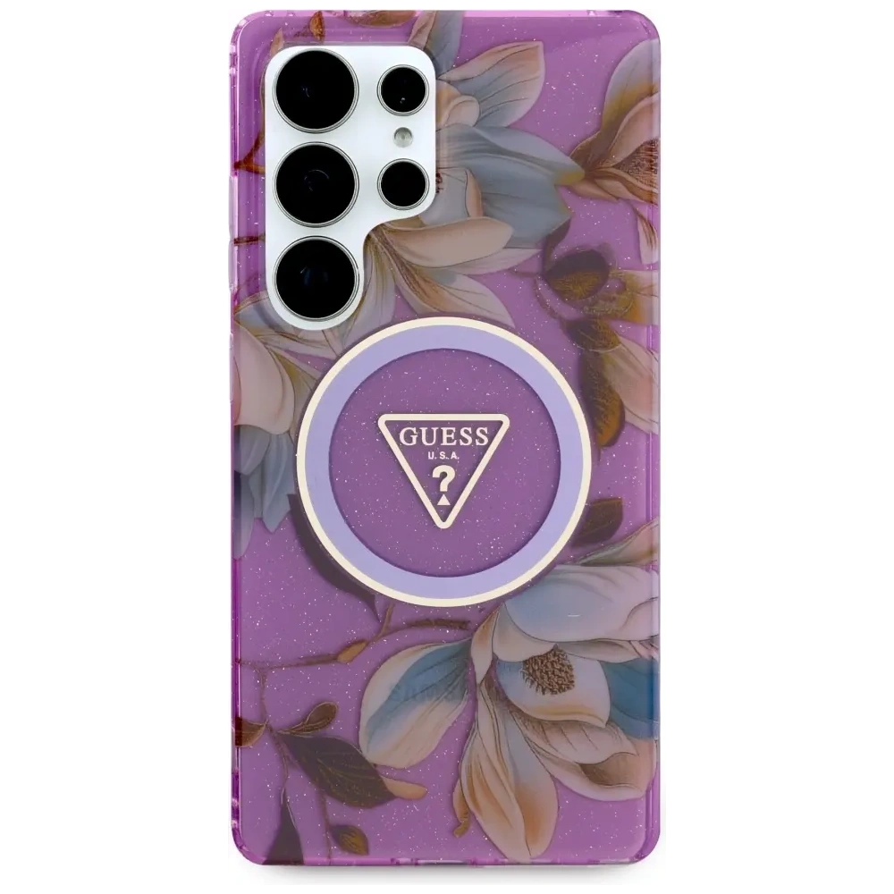 Wholesale Guess Glitter Flowers Triangle Buttons MagSafe Samsung Galaxy S25 Ultra purple - GUE4317 - {ean13} - Hurt