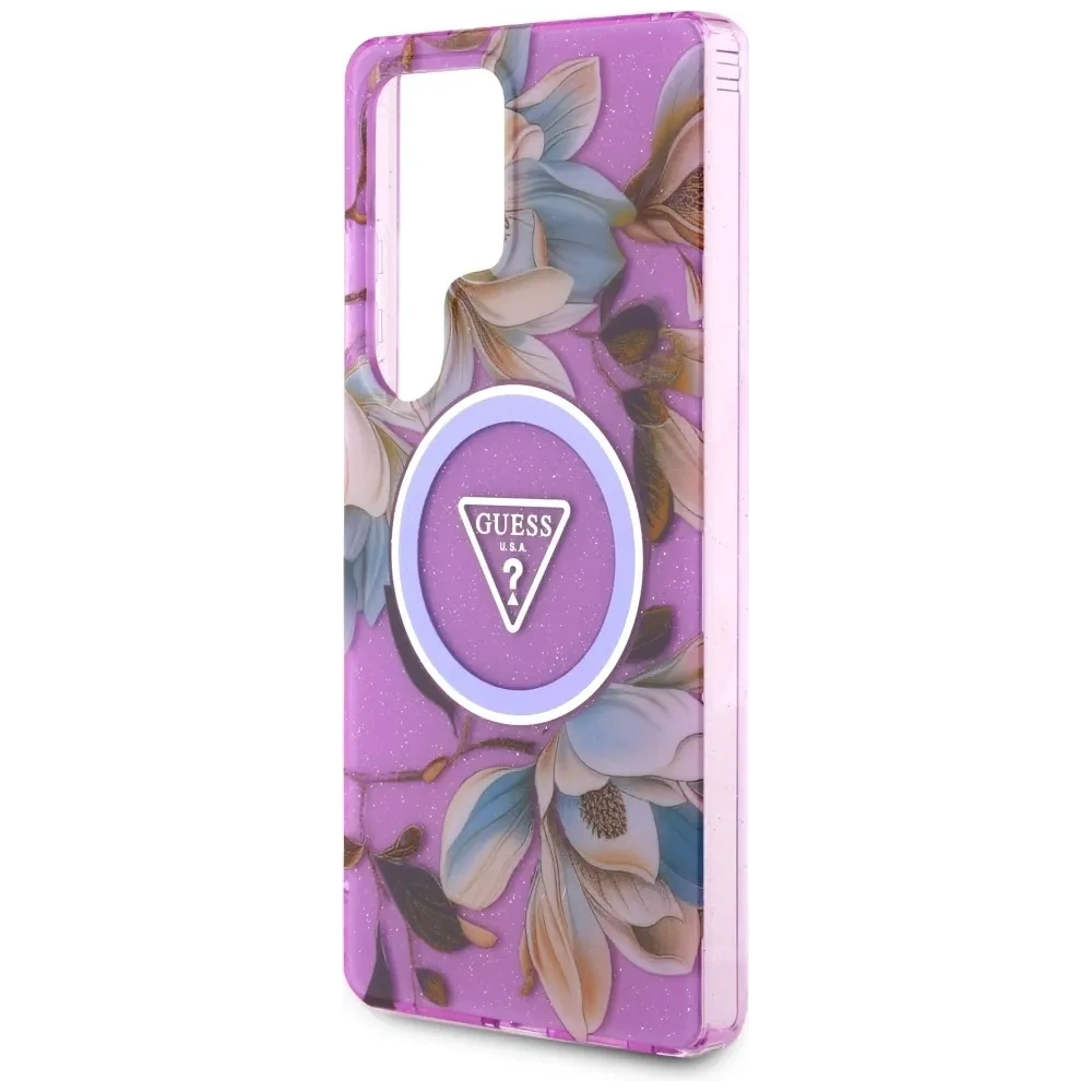Wholesale Guess Glitter Flowers Triangle Buttons MagSafe Samsung Galaxy S25 Ultra purple - GUE4317 - {ean13} - Hurt