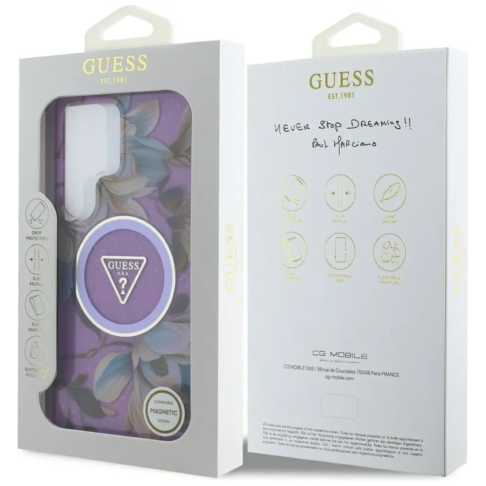 Hurtownia GSM - Guess Glitter Blumen Dreieck Knöpfe MagSafe Samsung Galaxy S25 Ultra lila - GUE4317 - {ean13} - Hurt