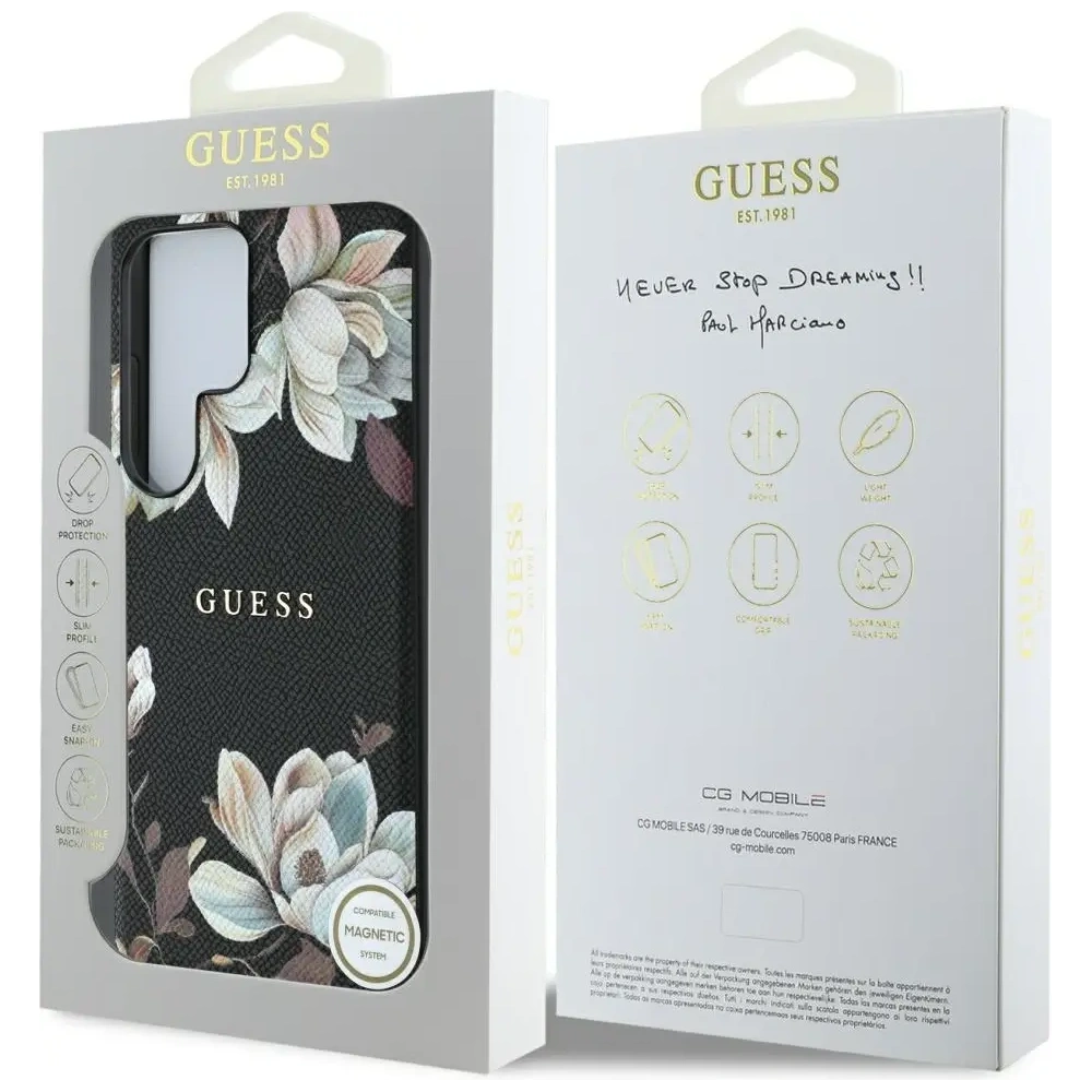 Etui Guess Grained Printed Flower Pattern MagSafe do Samsung Galaxy S25 Ultra czarny
