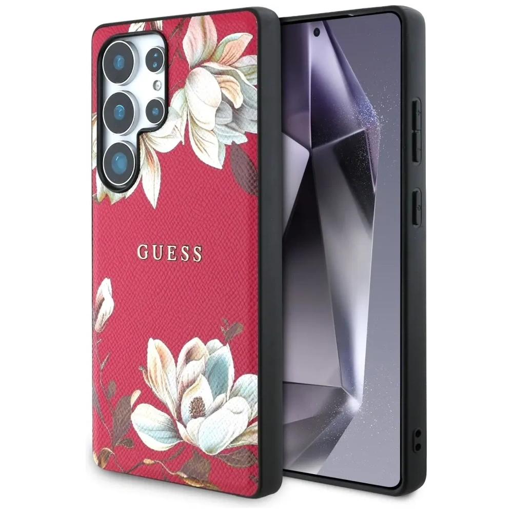 Etui Guess Grained Printed Flower Pattern MagSafe do Samsung Galaxy S25 Ultra fuksja