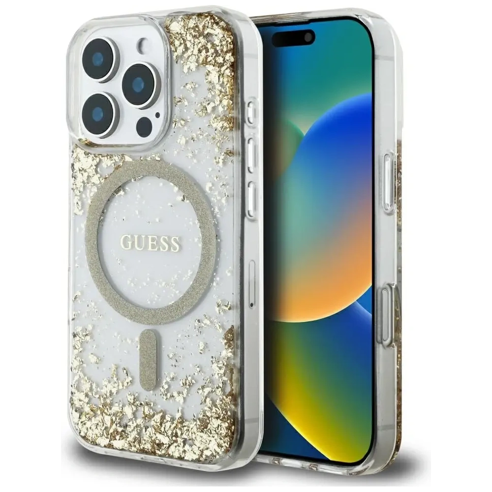 Wholesale Guess HC Resin Bottom Glitter Apple iPhone 16 Pro MagSafe gold - GUE4337 - {ean13} - Hurt