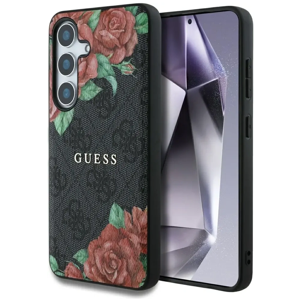 Hurtownia GSM - Guess Leder 4G Blumen Druck Metall Klassisches Logo MagSafe Samsung Galaxy S25 schwarz - GUE4345 - {ean13} - Hurt