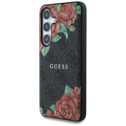 Etui Guess Leather 4G Flowers Print Metal Classic Logo MagSafe do Samsung Galaxy S25 czarny