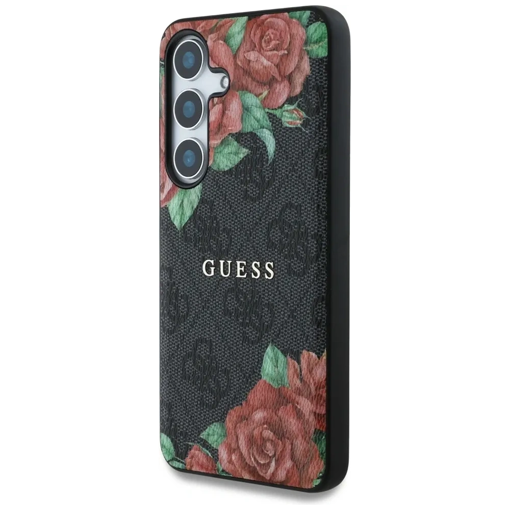 Hurtownia GSM - Guess Leder 4G Blumen Druck Metall Klassisches Logo MagSafe Samsung Galaxy S25 schwarz - GUE4345 - {ean13} - Hurt