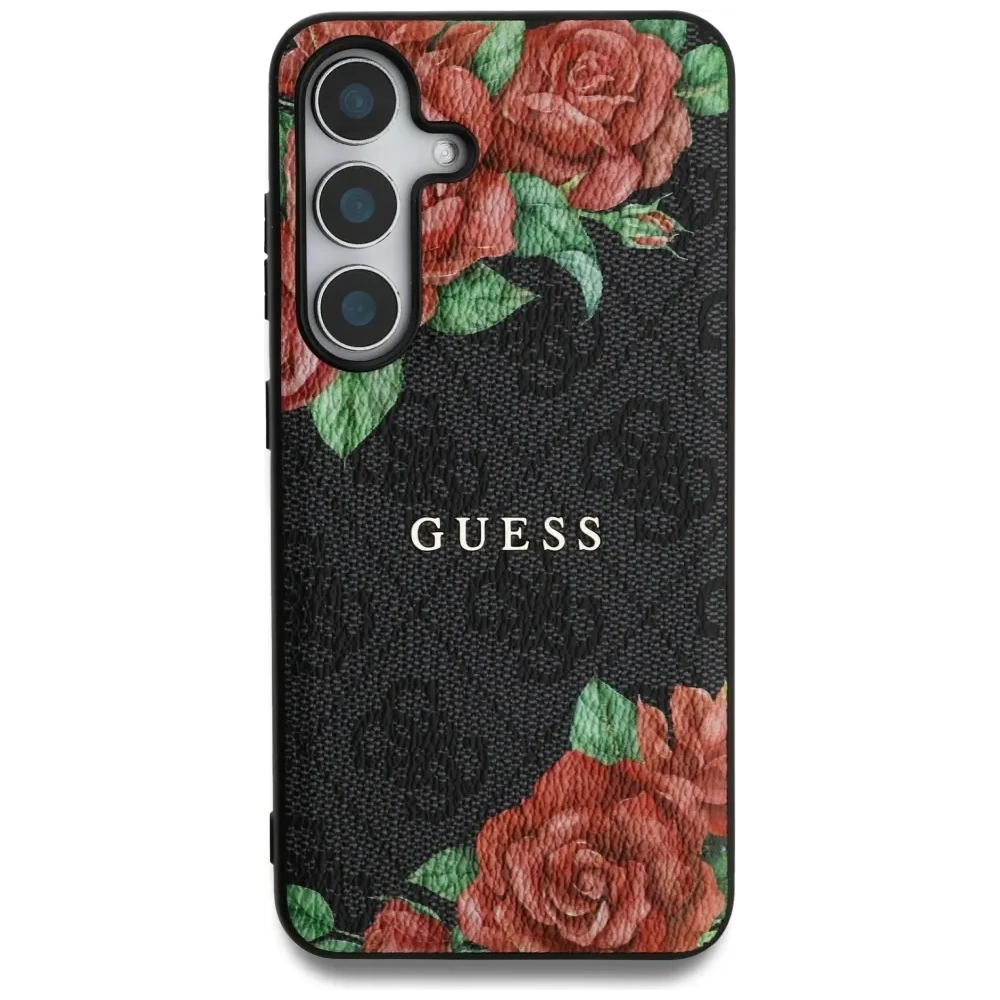 Hurtownia GSM - Guess Leder 4G Blumen Druck Metall Klassisches Logo MagSafe Samsung Galaxy S25 schwarz - GUE4345 - {ean13} - Hurt