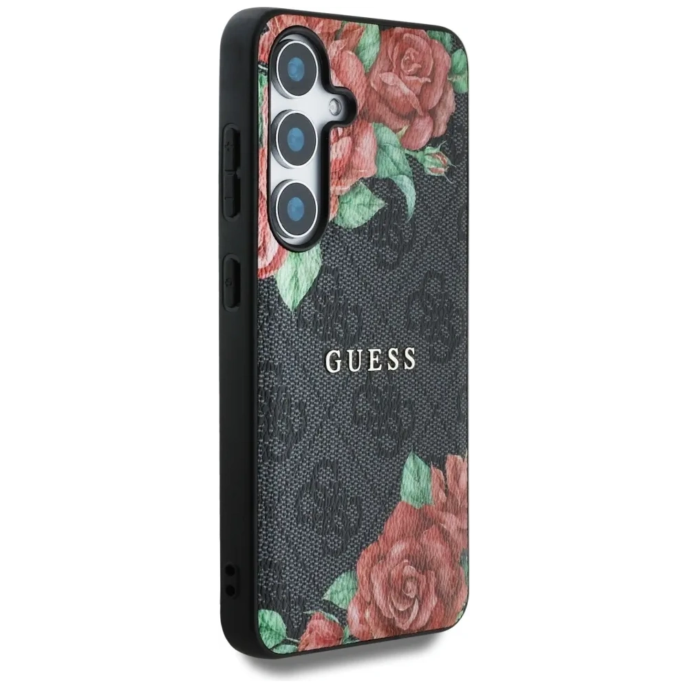 Hurtownia GSM - Guess Leder 4G Blumen Druck Metall Klassisches Logo MagSafe Samsung Galaxy S25 schwarz - GUE4345 - {ean13} - Hurt