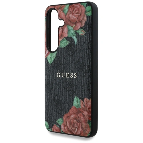 Etui Guess Leather 4G Flowers Print Metal Classic Logo MagSafe do Samsung Galaxy S25 czarny