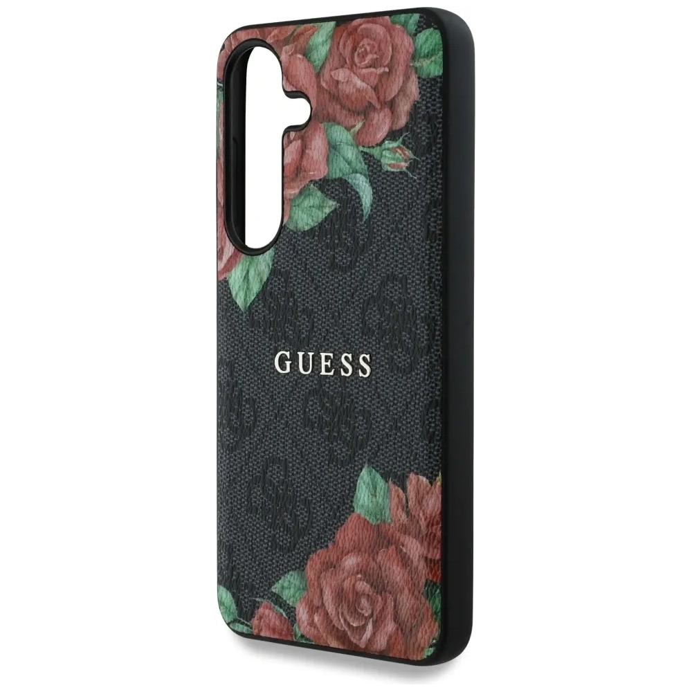 Hurtownia GSM - Guess Leder 4G Blumen Druck Metall Klassisches Logo MagSafe Samsung Galaxy S25 schwarz - GUE4345 - {ean13} - Hurt