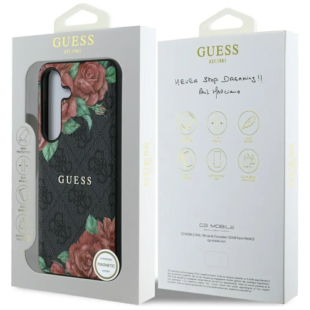 Hurtownia GSM - Guess Leder 4G Blumen Druck Metall Klassisches Logo MagSafe Samsung Galaxy S25 schwarz - GUE4345 - {ean13} - Hurt