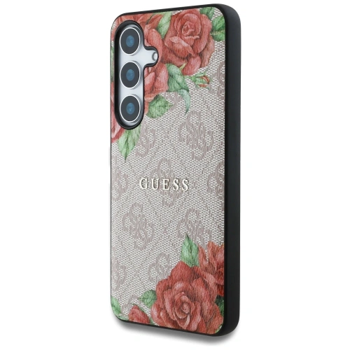 Etui Guess Leather 4G Flowers Print Metal Classic Logo MagSafe do Samsung Galaxy S25 różowy