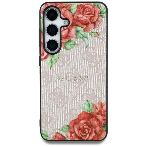 Etui Guess Leather 4G Flowers Print Metal Classic Logo MagSafe do Samsung Galaxy S25 różowy