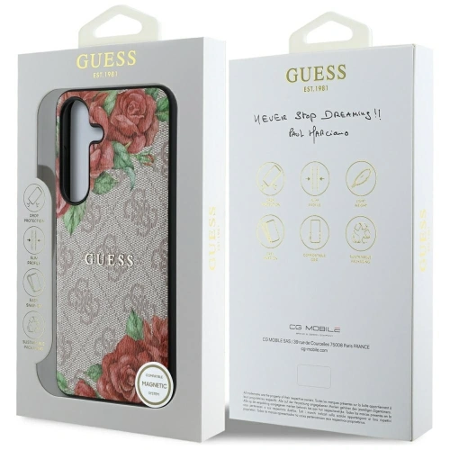 Etui Guess Leather 4G Flowers Print Metal Classic Logo MagSafe do Samsung Galaxy S25 różowy