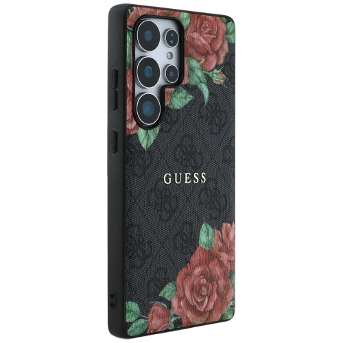 Etui Guess Leather 4G Flowers Print Metal Classic Logo MagSafe do Samsung Galaxy S25 Ultra czarny