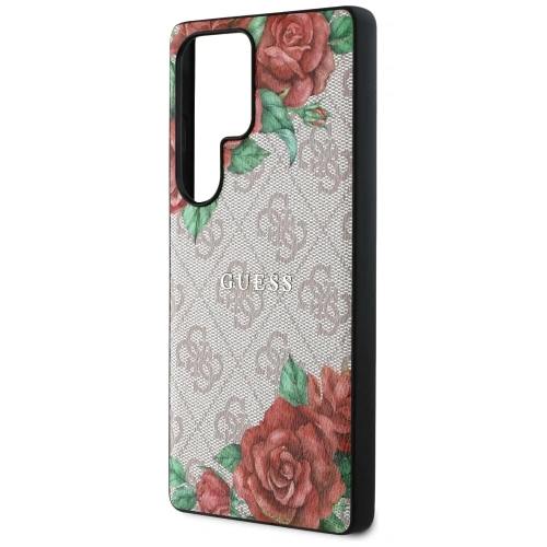 Etui Guess Leather 4G Flowers Print Metal Classic Logo MagSafe Samsung Galaxy S25 Ultra różowy