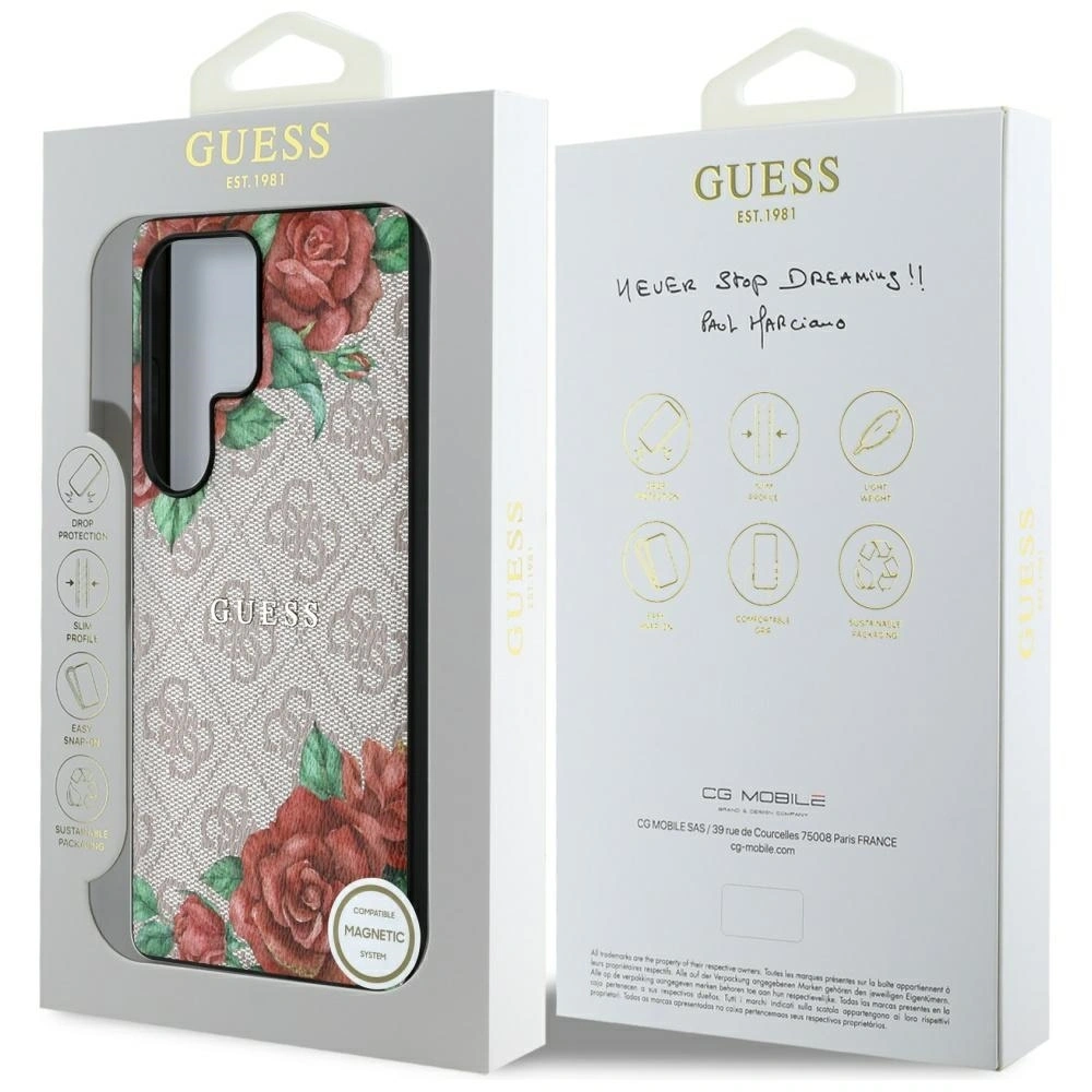 Hurtownia GSM - Guess Bőr 4G Virág Mintás Fém Klasszikus Logó MagSafe Samsung Galaxy S25 Ultra rózsaszín - 3666339449292 - {ean13} - Hurt