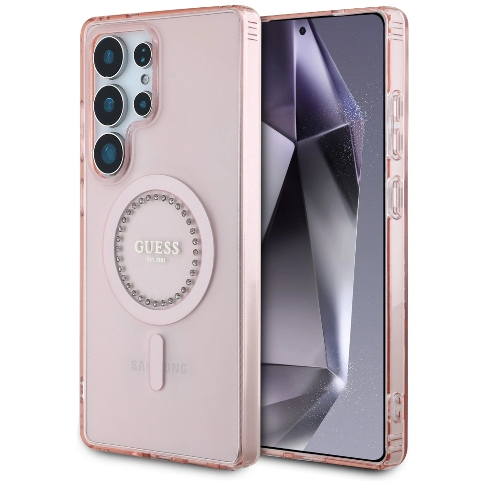 Hurtownia GSM - Etui Guess s kamínky, potištěné klasickým logem MagSafe pro Samsung Galaxy S25 Ultra, růžové - 3666339449551 - {ean13} - Hurt