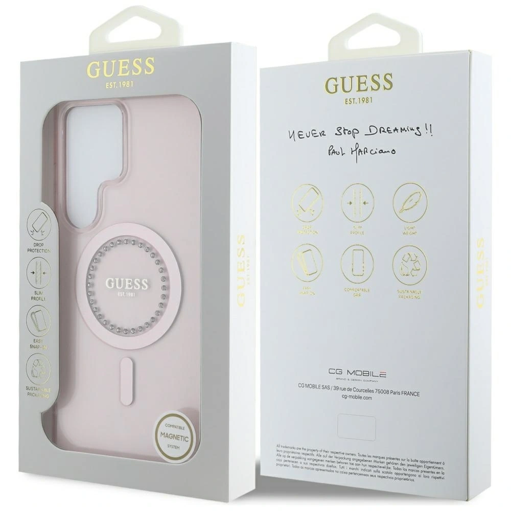 Hurtownia GSM - Etui Guess s kamínky, potištěné klasickým logem MagSafe pro Samsung Galaxy S25 Ultra, růžové - 3666339449551 - {ean13} - Hurt