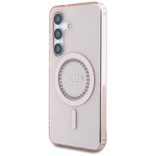 Etui Guess Rhinestones Printed Classic Logo MagSafe Samsung Galaxy S25 różowy