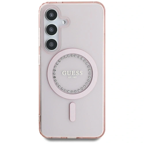 Etui Guess Rhinestones Printed Classic Logo MagSafe Samsung Galaxy S25 różowy