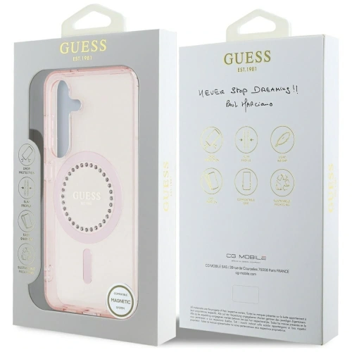 Etui Guess Rhinestones Printed Classic Logo MagSafe Samsung Galaxy S25 różowy