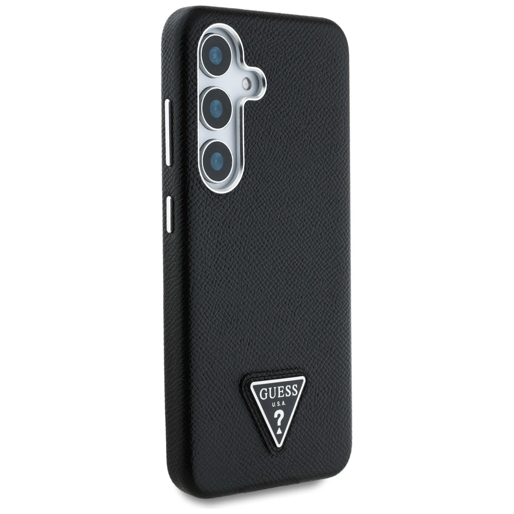 Etui Guess Grained Triangle Logo MagSafe pro Samsung Galaxy S25 černé