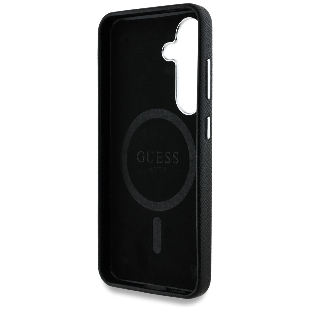 Etui Guess Grained Triangle Logo MagSafe pro Samsung Galaxy S25 černé